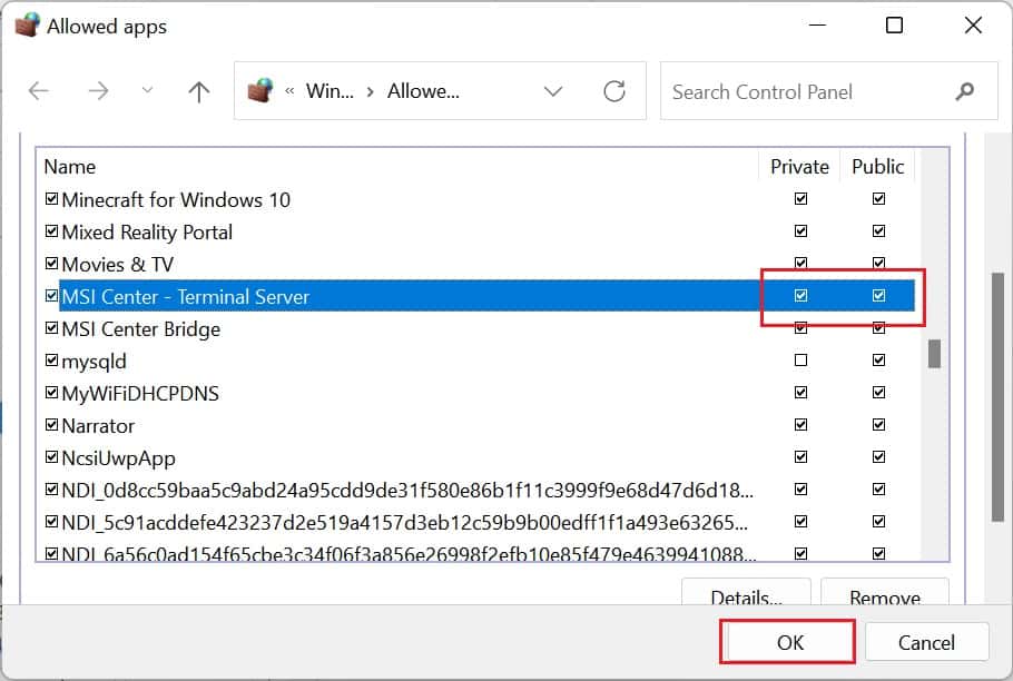 msi center terminal server tick private and public