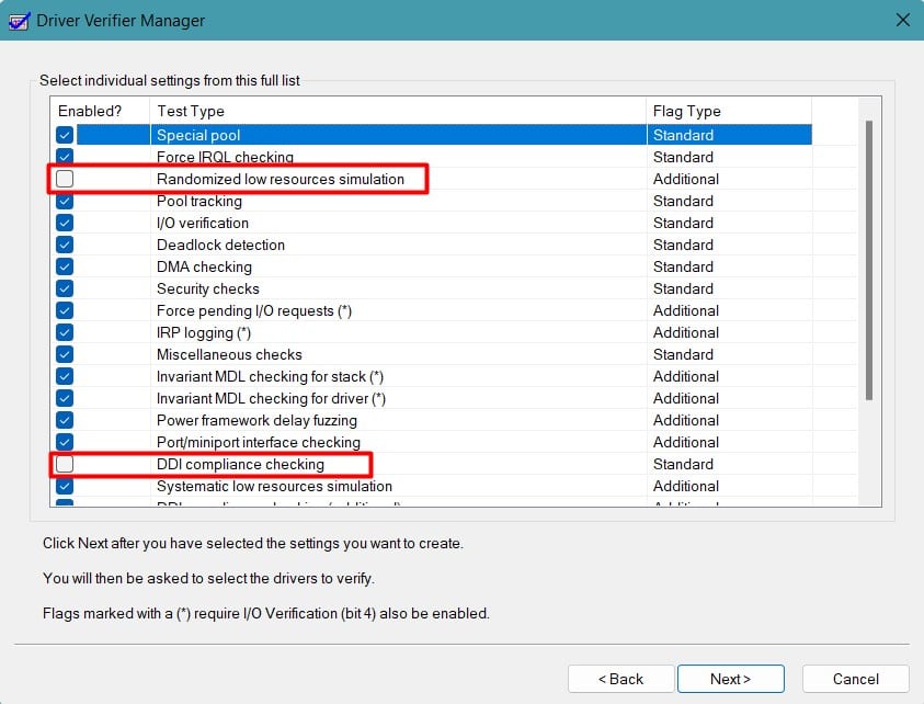 options in driver verifier
