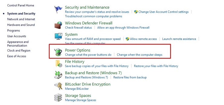 power options in control panel