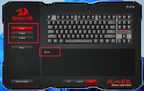 select profile and turn off light on redragon software