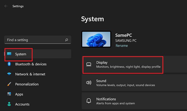 settings system display