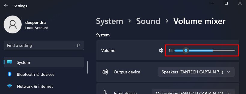 slider in volume mixer