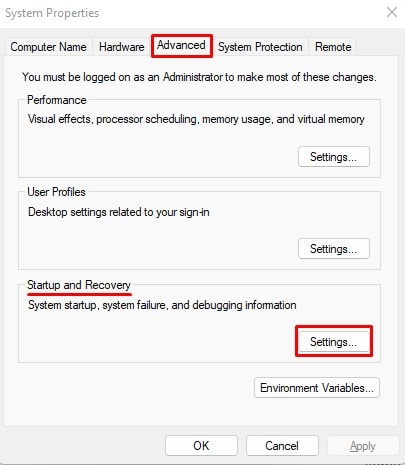 startup and recovery settings