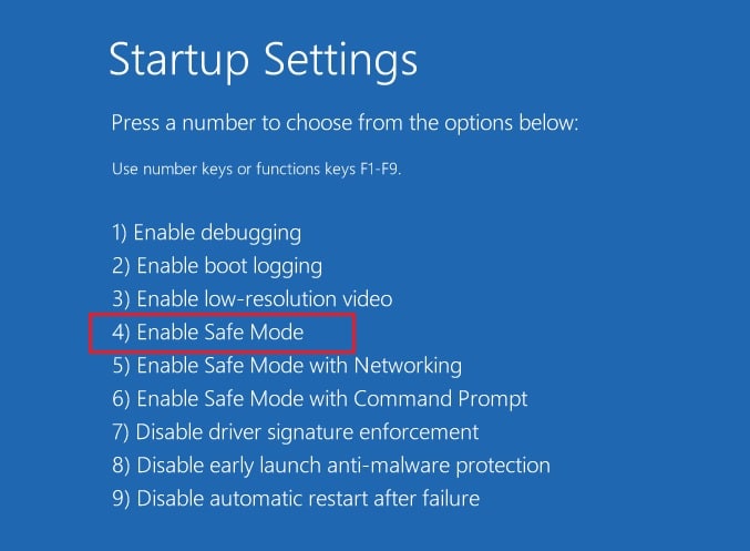 startup settings press 4 to enable safe mode