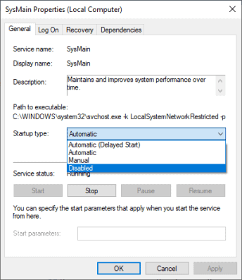 sysmain properties disable