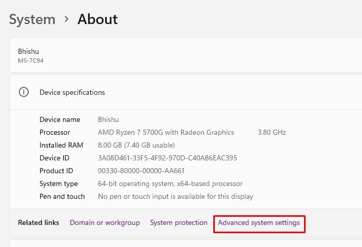 system about advanced system settings