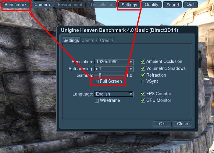unchecking full screen and benchmarking