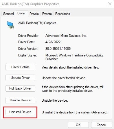 uninstall device in properties