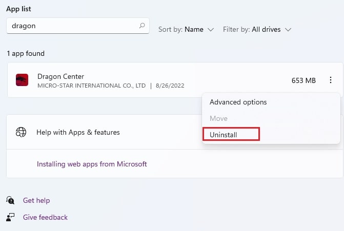uninstall dragon center