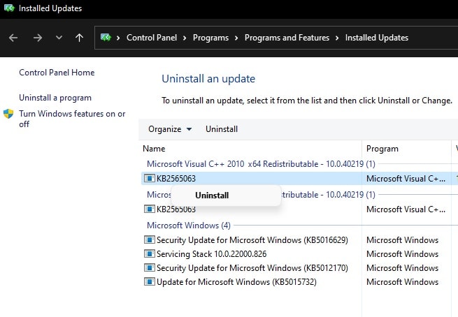 uninstall last update