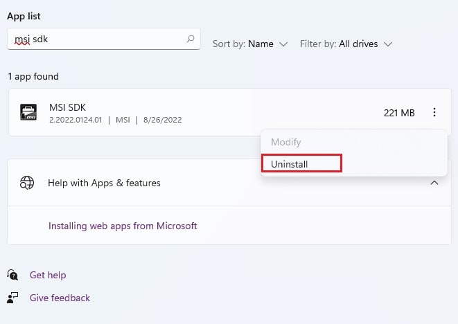 uninstall msi sdk