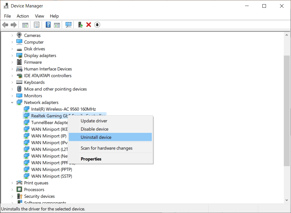 uninstall network driver