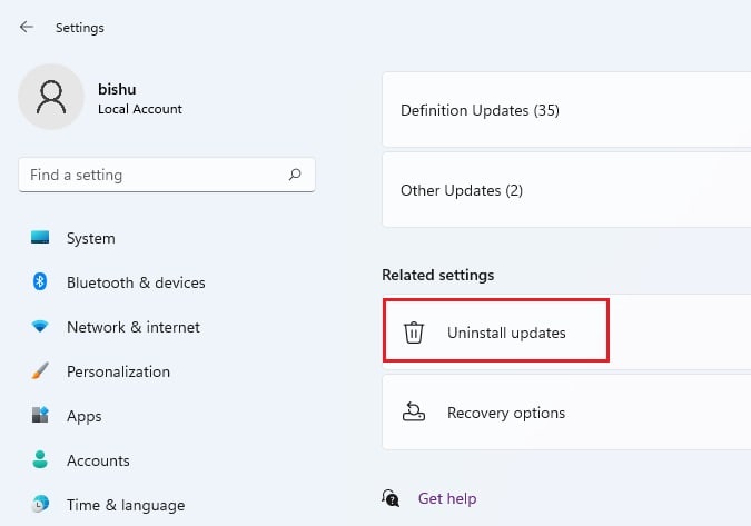 uninstall windows updates option