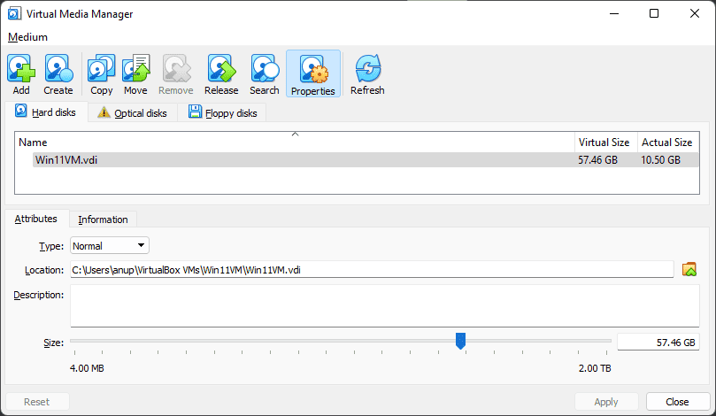 virtual media manager adjust size