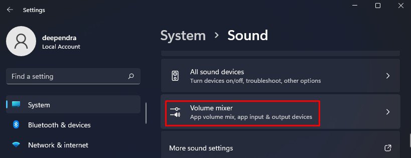 volume mixer in sound settings
