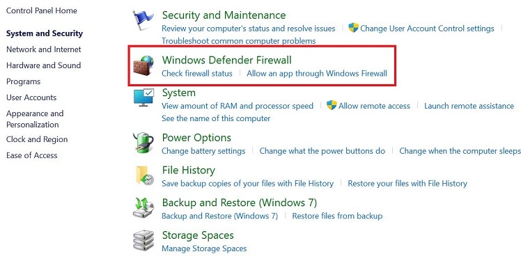 windows defender firewall in control panel