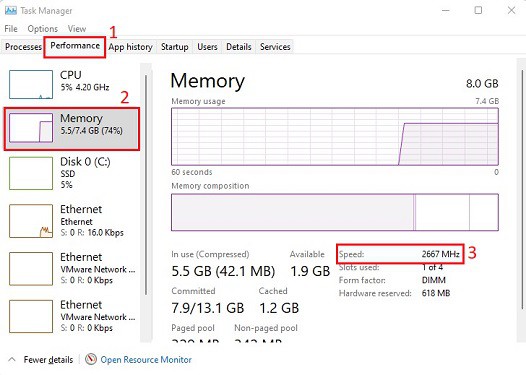 windows task manager ram speed