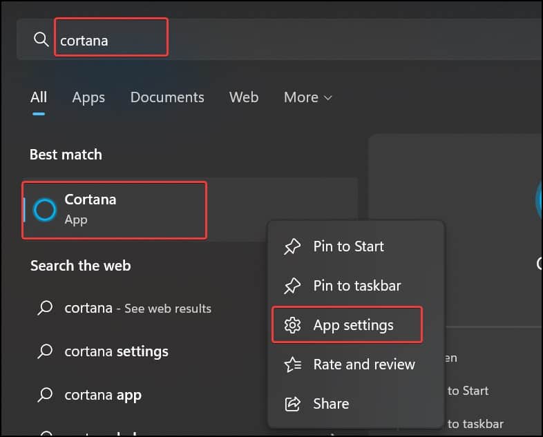 App settings of Cortana