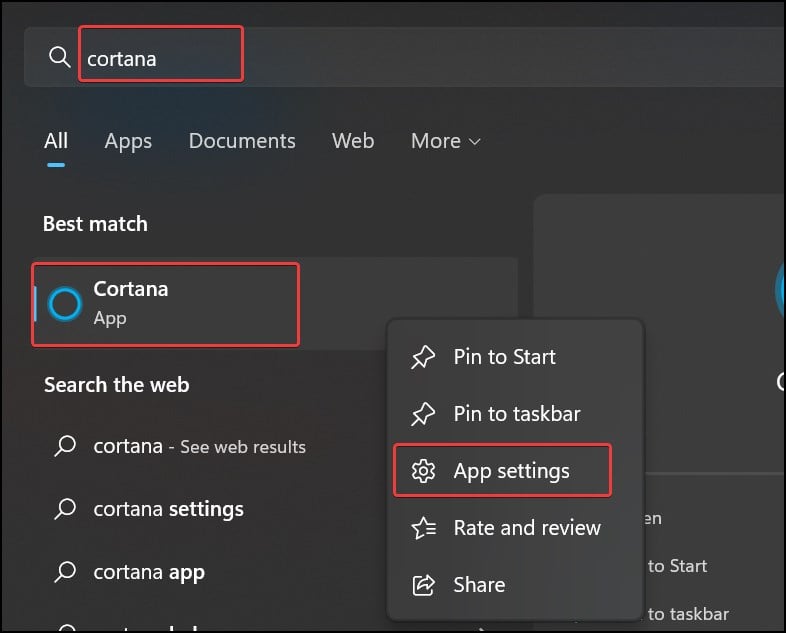 App settings of Cortana