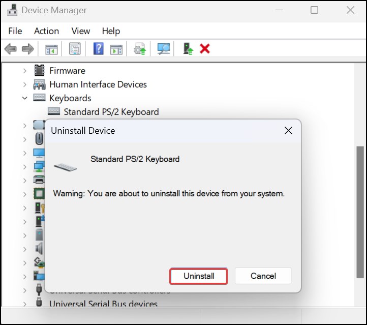Confirmation for uninstalling keyboard drivers
