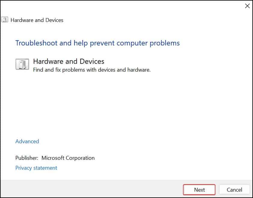 Hardware and devices troubleshooter
