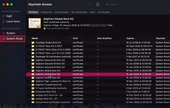 How to Fix "Safari Cannot Establish Secure Connection" Error 46 Navigate-to-System-Roots-and-Search-for-the-website-certificate