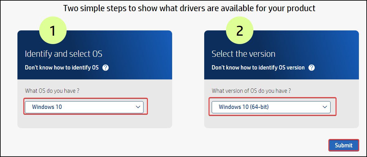 Select the OS and version in HP support center