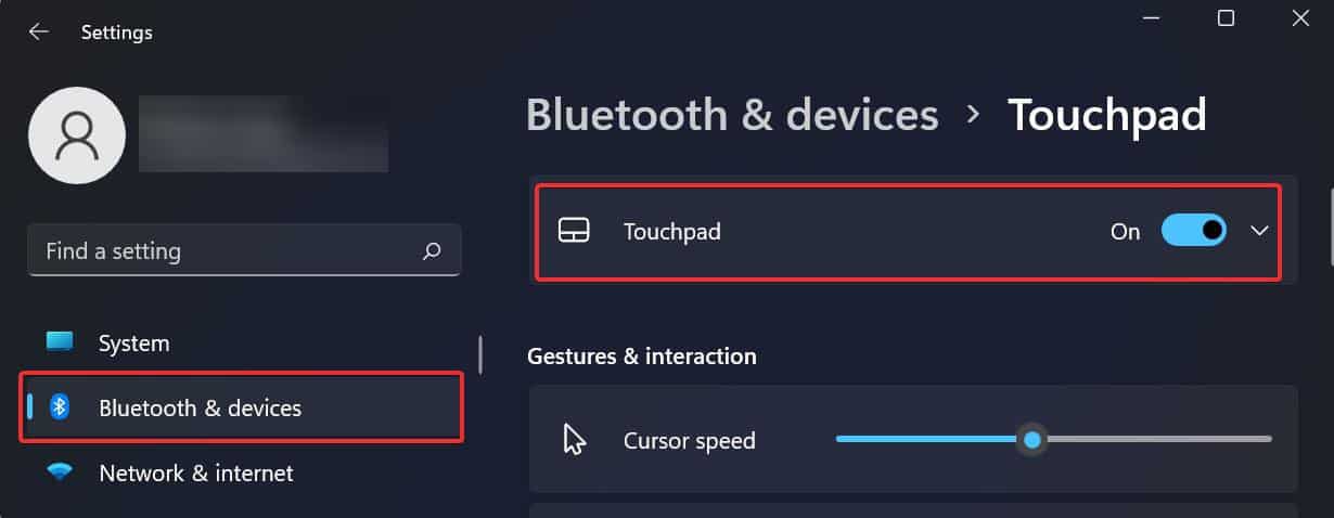 Settings for touchpad