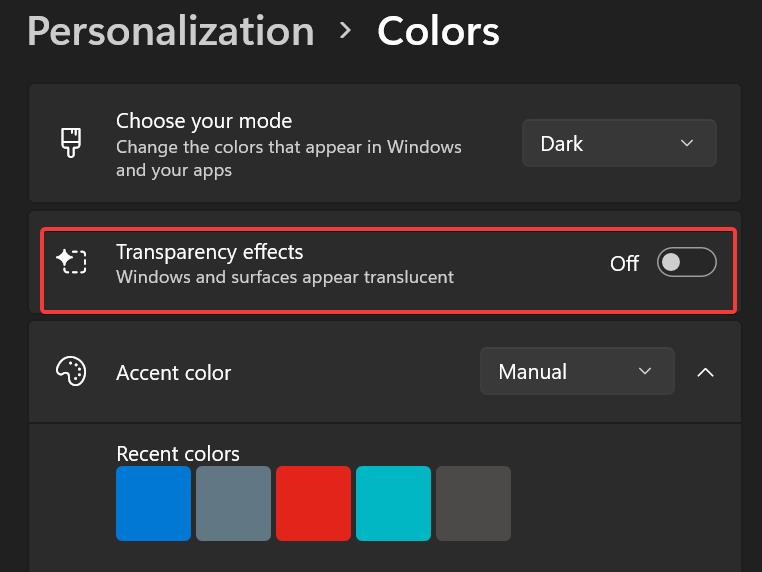 Disable Transparency options