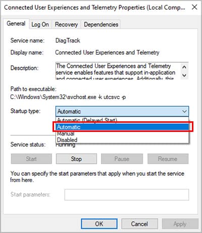 WIndows-Connected-User-Experience-And-Telemetry-Set-Startup-Type-Automatic