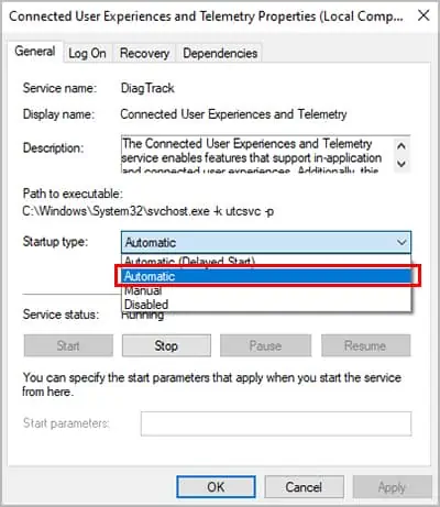 WIndows-Connected-User-Experience-And-Telemetry-Set-Startup-Type-Automatic