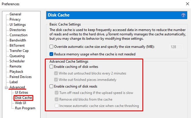 disable advanced disk cache