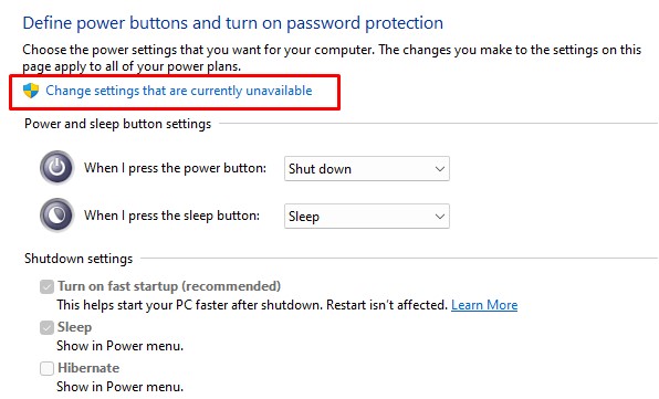 change unavailable power settings