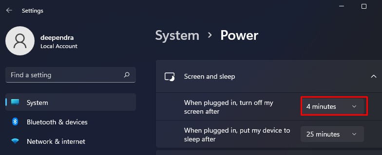 changing turn off screen time from settings