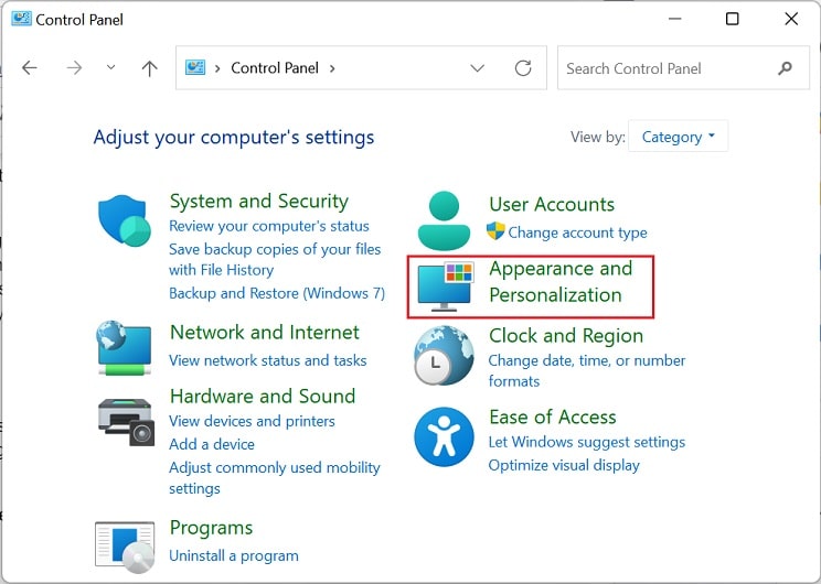 control panel appearance and personalization