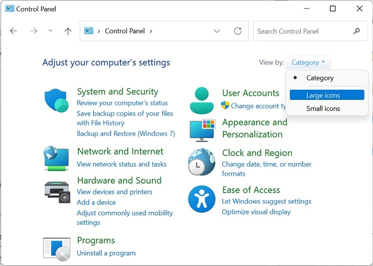 control panel large icons