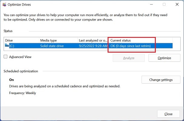 defrag tool current status ssd