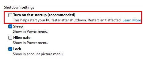 disable fast startup