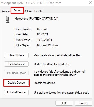 disable microphone driver
