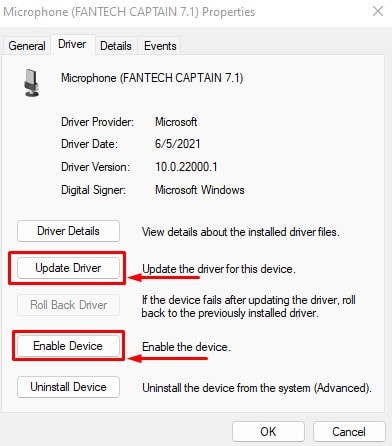 enable and update mic driver