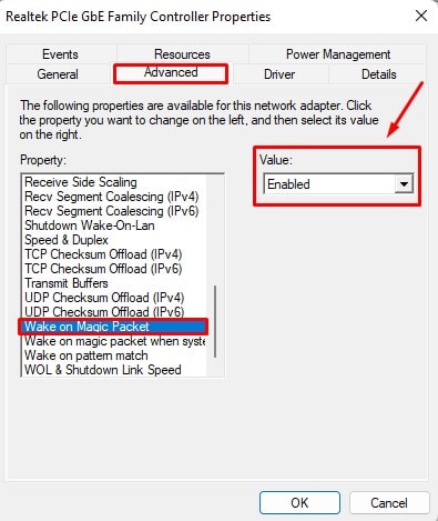 enable wake on magic packet