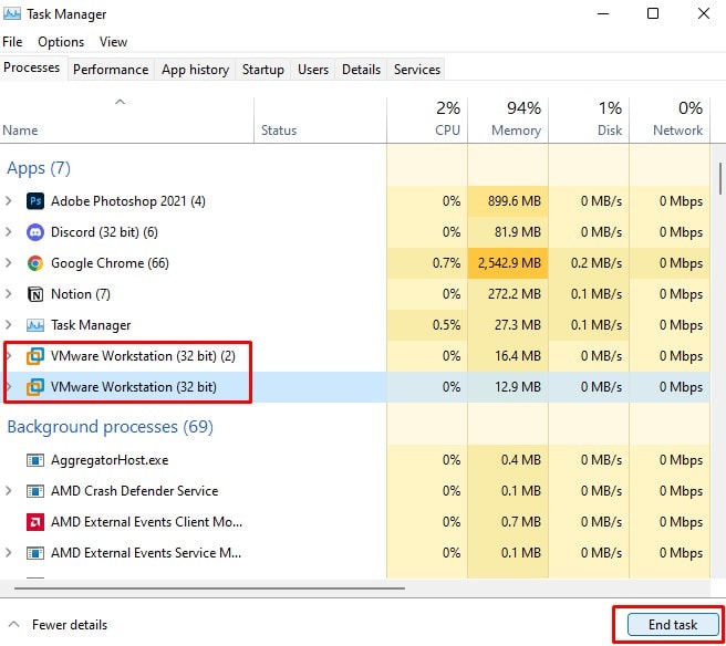end task Vmware
