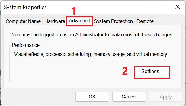performance settings in system properties