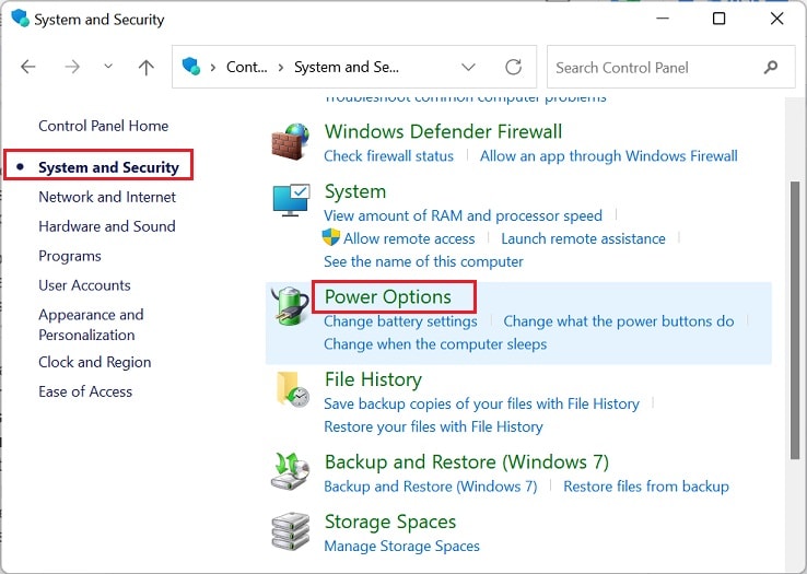 power options in system and security