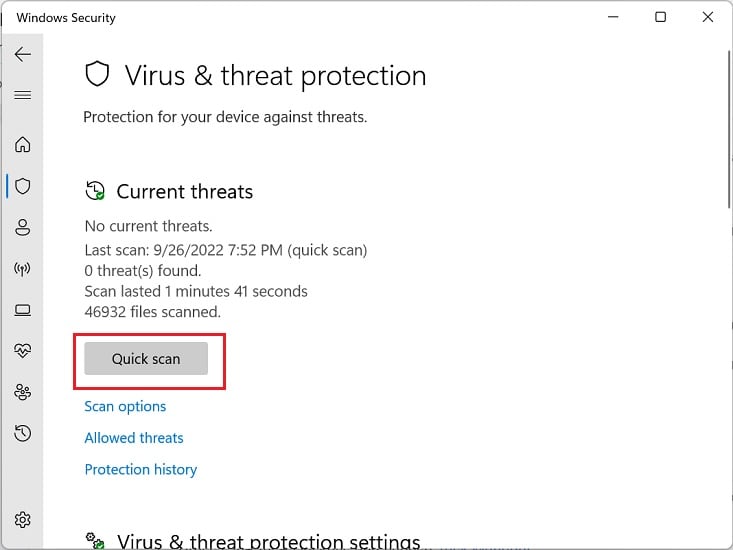 quick scan button in virus and threat protection
