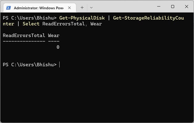 readerrorstotal and wear in powershell