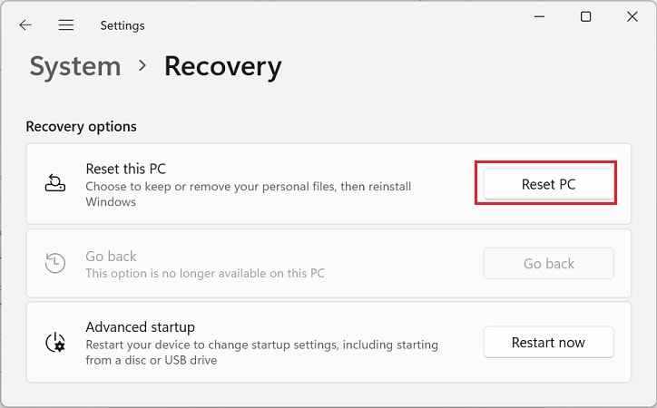 reset pc from settings