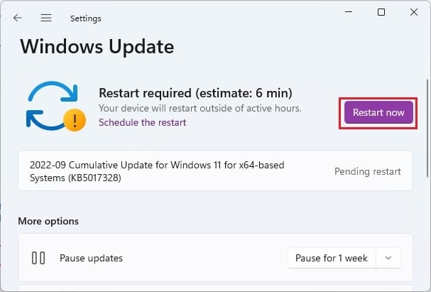 restart now windows update