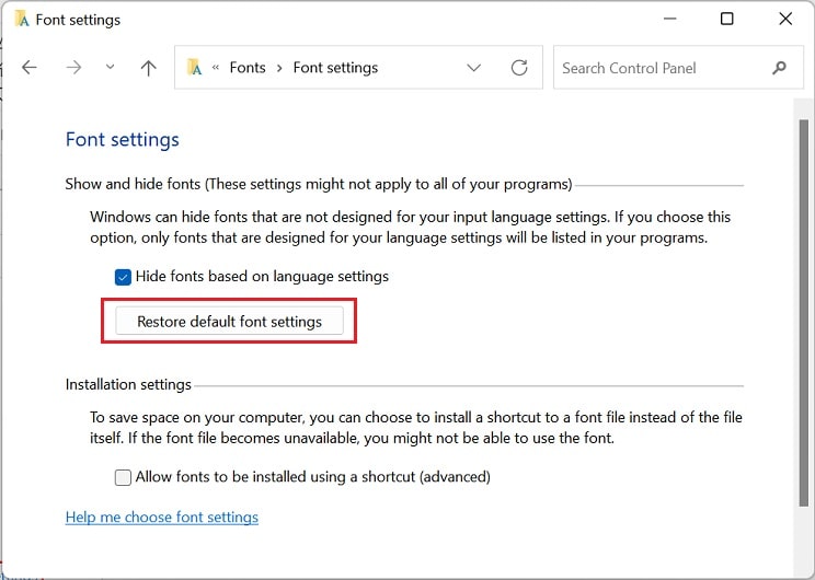 restore default font settings