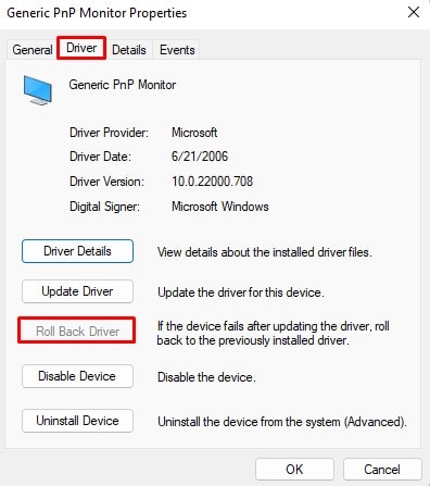 roll back monitor driver